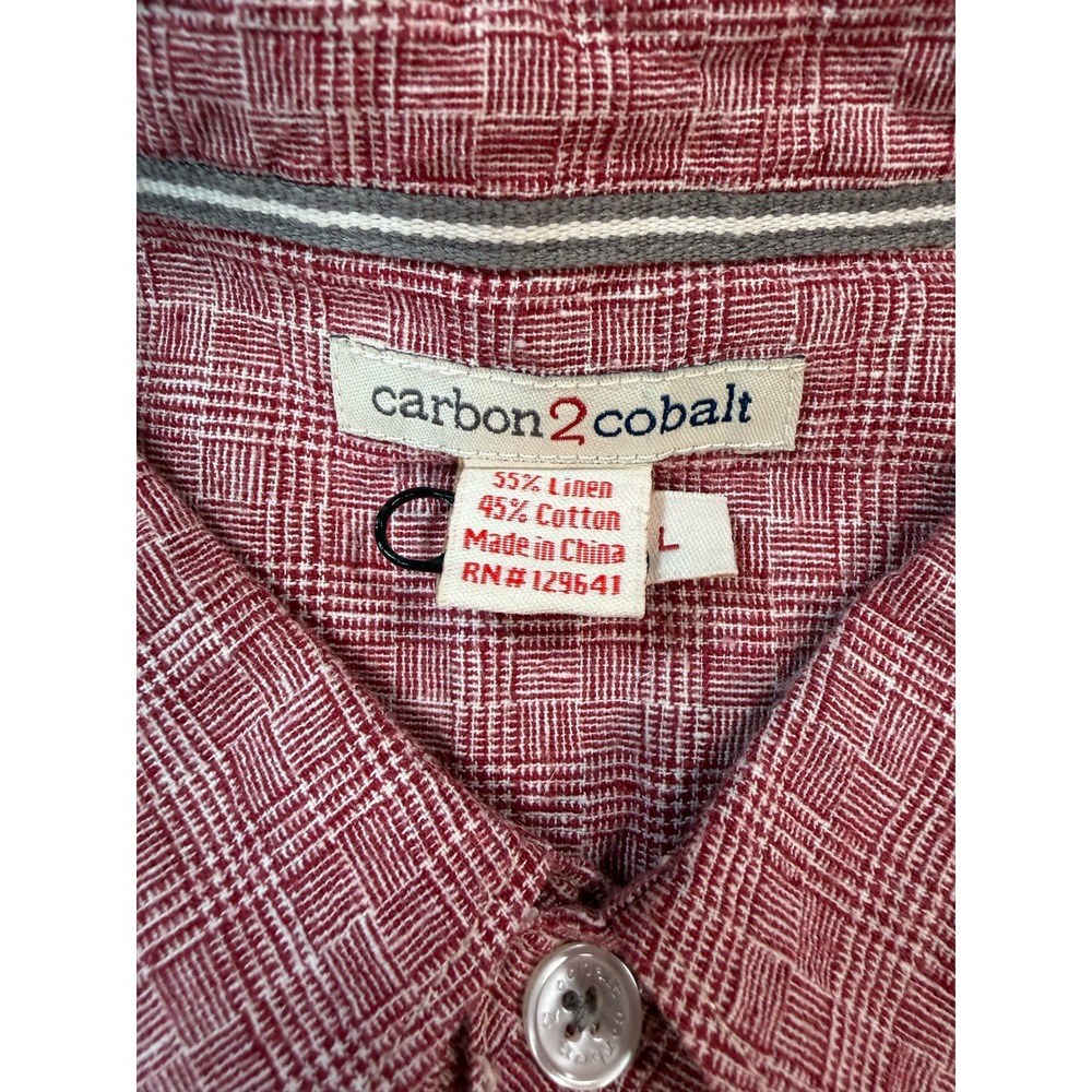 Carbon2Cobalt Mens Large Red Linen Cotton Short Sleeve Button Up Shirt Grid L - Picture 3 of 6